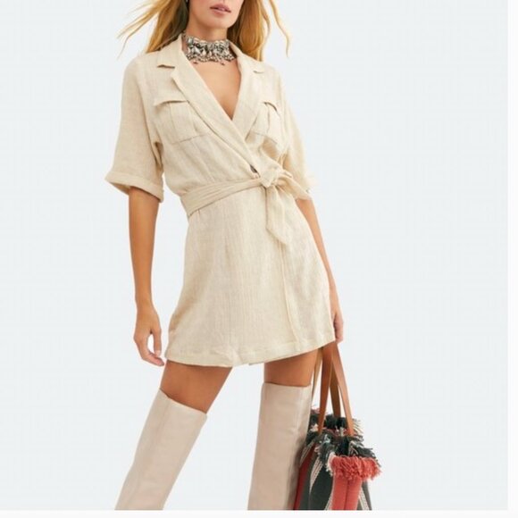 Free People Dresses & Skirts - NWT Free People Clementine textured mini wrap dress in natural oatmeal Size LG